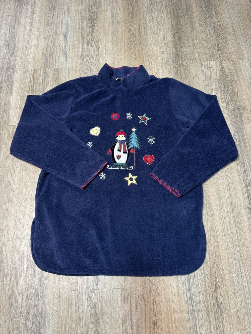 Christopher & Banks Navy Turtleneck Fleece Sweater with Festive Penguin Motif
